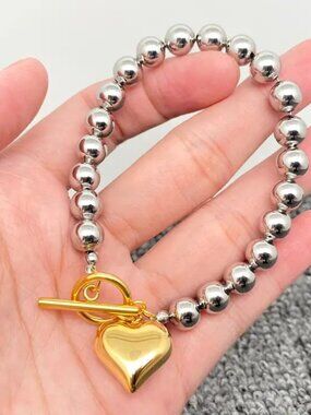 Heart Charm Steel Color Beaded Bracelet